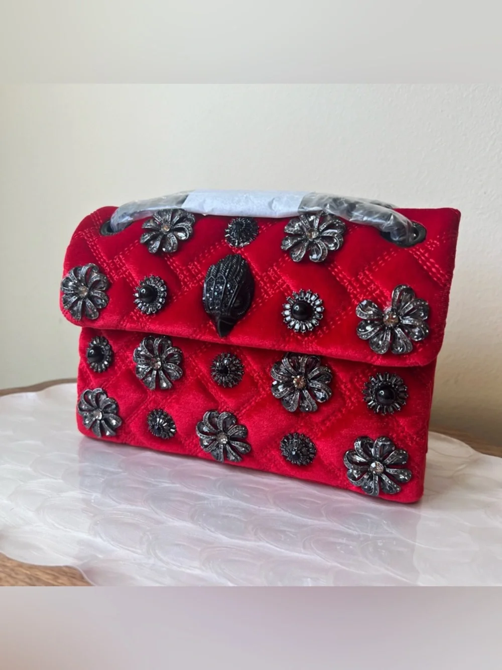 Kurt Geiger London Red Velvet Embellished Mini Kensington Bag NWT - Picture 3 of 16